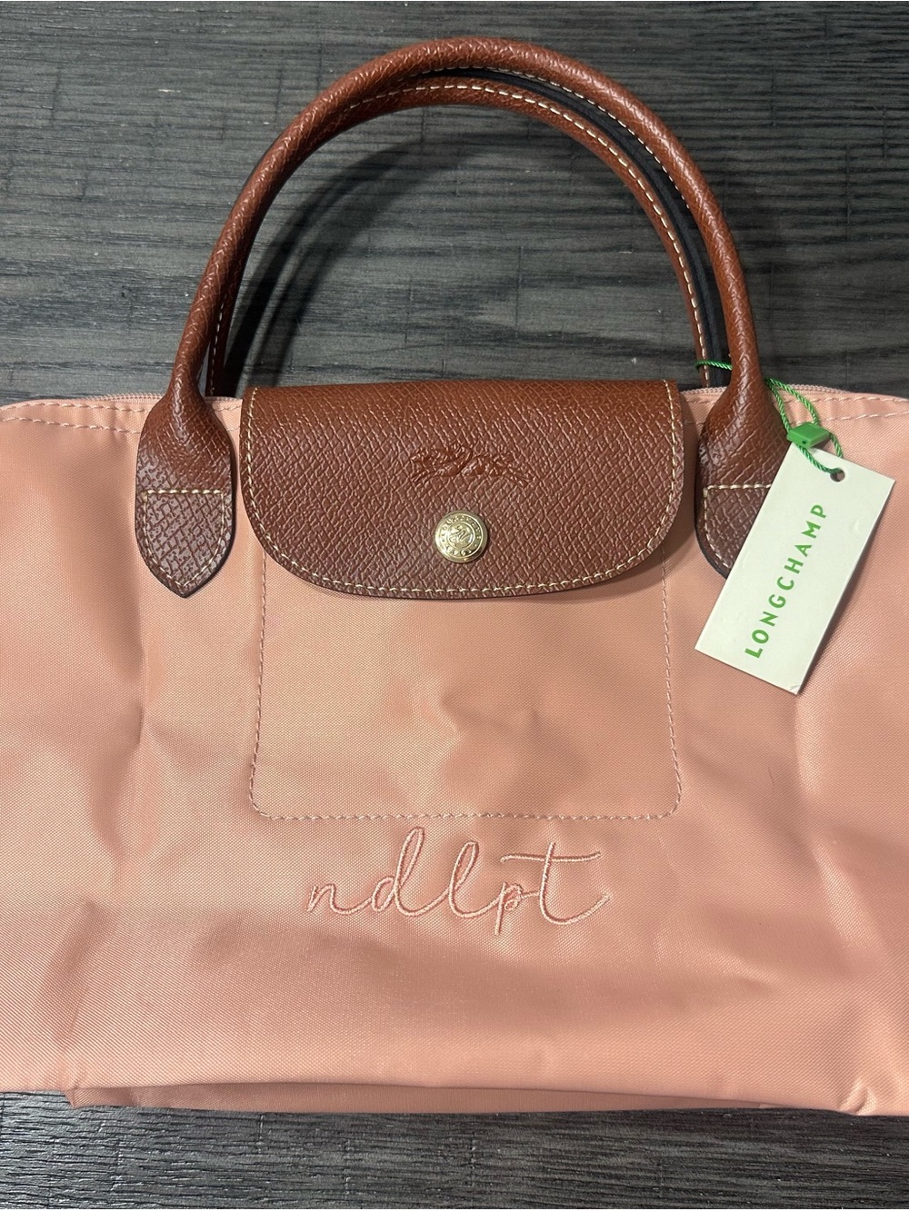 Longchamp Needlepoint Le Pliage Small Tote Bag in Dusty Rose with Brown Trim